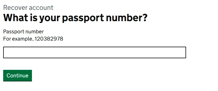 How to Recover a Lost Share Code (Recover UKVI Account) 5 Passport number input form with Continue button