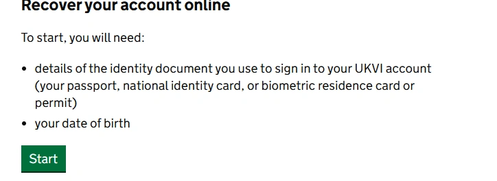 How to Recover a Lost Share Code (Recover UKVI Account) 3 Account recovery instructions with Start button