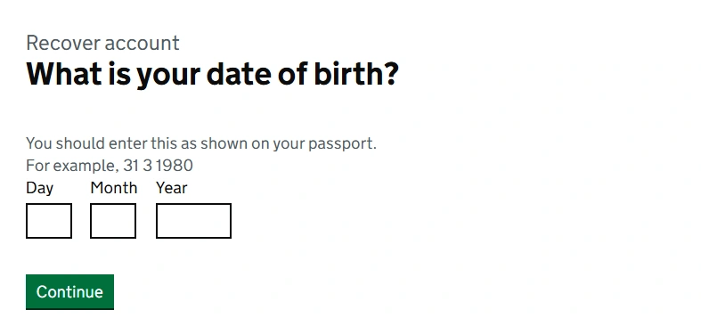 How to Recover a Lost Share Code (Recover UKVI Account) 2 Date of birth entry form for account recovery